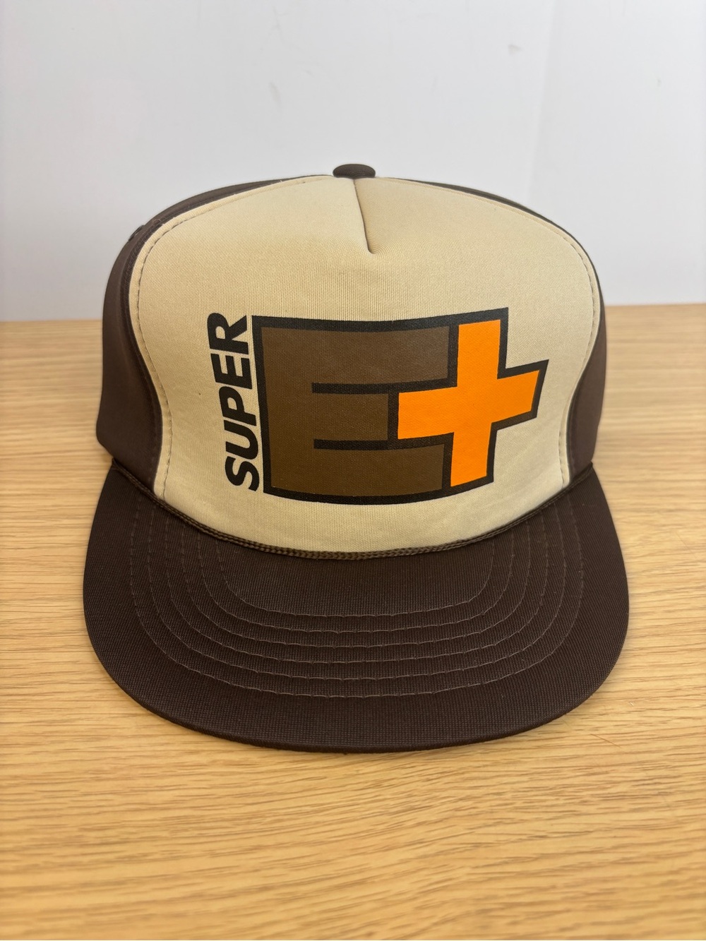 Vintage Yupoong Super E+ Beige and Brown FoamTrucker Hat with Orange Accent